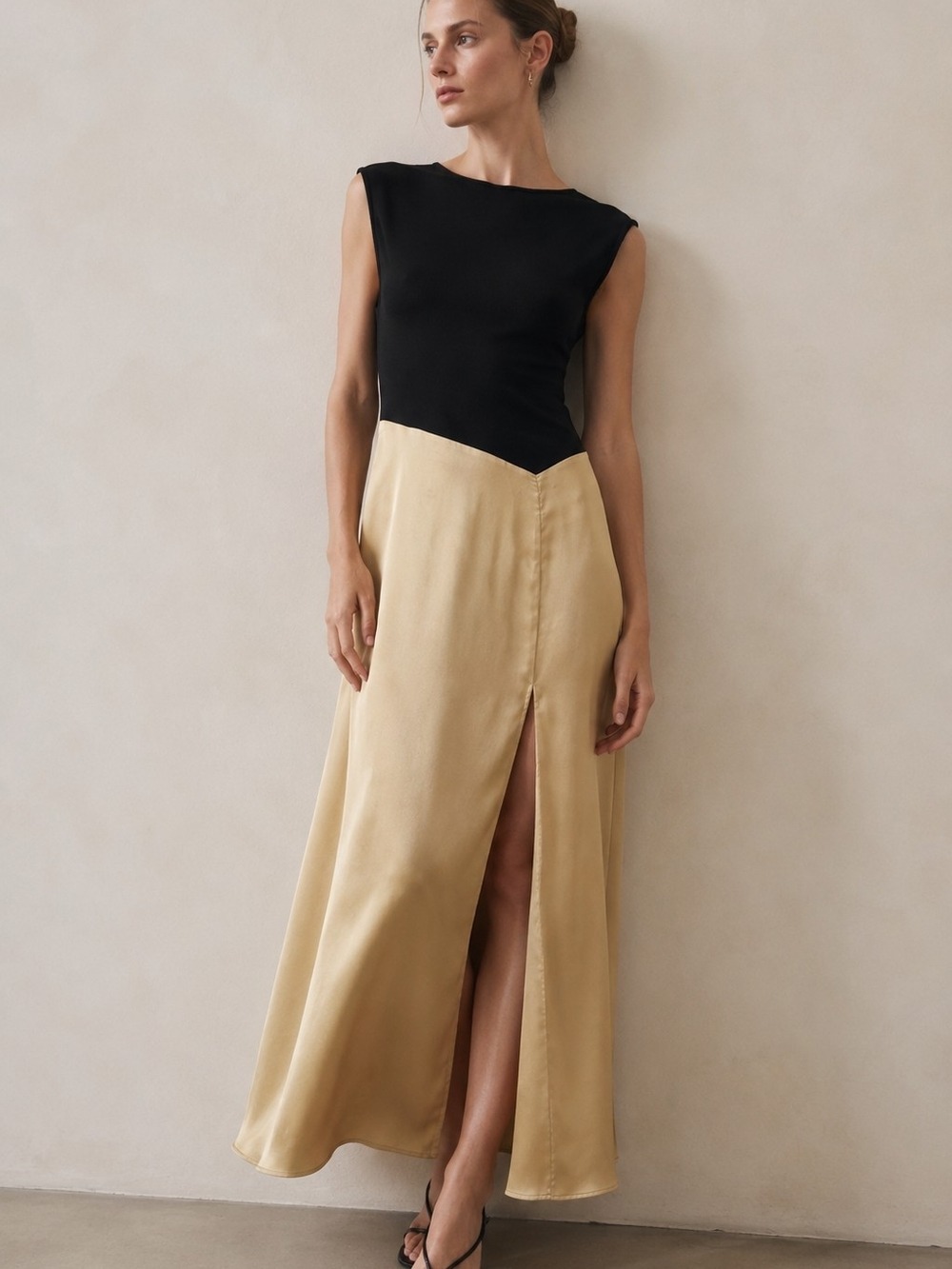 Anthropologie Two Tone Midi Dress Black Gold Satin Slip Skirt Minimalist S